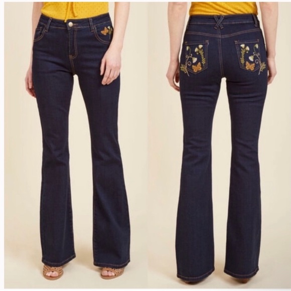 Modcloth Pants - Modcloth Moving and Grovvy Embroidered Butterfly Flare Dark High Rise Jeans Sz M